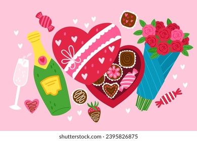 Bonita tarjeta de bienvenida de San Valentín con chocolate con forma de corazón, flores de rosa y botella de champán. Impresión de mano para embalajes, pegatinas, pancarta y decoración