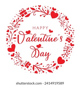 Valentines Day cute greeting card - Valentines day wreath with heart pattern and typography of happy valentines day text - red and white