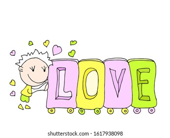 Valentine's Day. Cute hand drawn Boy pushing a train with the word Love on a background of hearts. Vector illustration.	