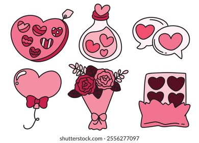 Valentine's Day cute hand drawn elements, cute illustrations for decorative cards