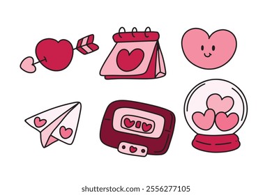 Valentine's Day cute hand drawn elements, cute illustrations for decorative cards