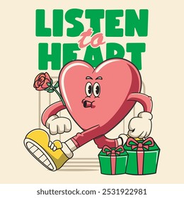 Valentines Day with Cute Happy heart character in Groovy Vintage Retro Cartoon Vector Illustration for sticker, badge, patch, banner, greeting card, invitation