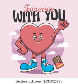 Valentines Day with Cute Happy heart character in Groovy Vintage Retro Cartoon Vector Illustration for sticker, badge, patch, banner, greeting card, invitation