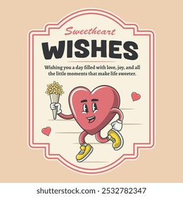 Valentines Day with Cute Happy heart character in Groovy Vintage Retro Cartoon Vector Illustration for sticker, badge, patch, banner, greeting card, invitation