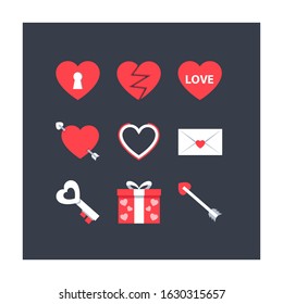 Valentine's Day Cute Heart Icon Set. Adorable Wedding Reception Icons Collection Isolated. Love Letter, Chat, Red Heart Shape Symbols For Banner, Poster, Flyer, Wallpaper, Background, Fashion Printing