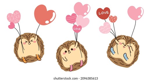 Valentinstag.Set süßer Hedgehog halten Herzform Ballon auf weißem Hintergrund.Cartoon Tiere Charakter Design.Hand gezeichnet.Love.Isolated.Vector.Illustration.