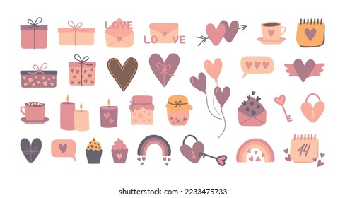 Conjunto de ilustraciones del día de San Valentín. Caja de regalo, corazón, globos, panqueque, arcoíris, sobre y otros elementos decorativos. Iconos románticos de amor al estilo de las caricaturas planas. Colección vectorial de San Valentín