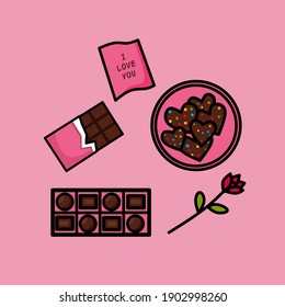 Valentine's day cute item. Chocolate bar, chocolate candy, flower, rainbow chips cookies, greeting card. Design for poster and postcard. Vector illustration