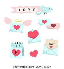 Valentine's Day. Cute letters with hearts vector illustration. Birdie with ribbon love.