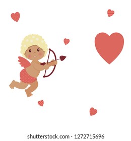 Valentine's day: cute little boy Cupid holds an arrow bow and aims at the red heart on a white background surrounded by original hearts in polka dots, stripes and checkered.Vector illustration