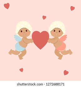 Valentine's day: cute little cupids boy and girl holding a red heart on a pink background surrounded by original hearts with polka dots, stripes and checkered.Vector illustration