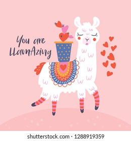 Valentine's day cute  llama greeting card.  Childish print for cards, stickers, apparel and nursery decoration