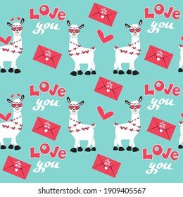 Valentine's day cute llamas and love you letters. Funny cartoon animals for kids seamless pattern on a blue background. Love couple