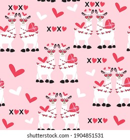 Valentine's day cute llamas and xoxo letters. Funny cartoon animals for kids seamless pattern on a pink background. Love couple