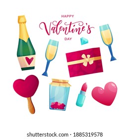 Valentine's Day cute objects and elements for cards: heart, wine, ice cream, lipstick, gift, candies, heart, diamond. Hand lettering text. Cartoon vector illustration.