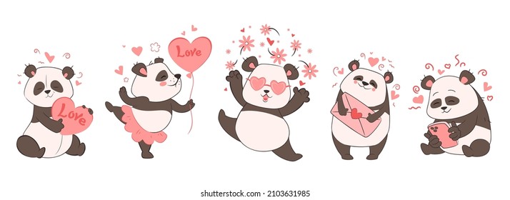 Valentine's day, cute panda with hearts and flowers, set of animal figurines for design and print.Vector illustration in cartoon flat style