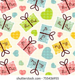 Valentine's day cute pattern with gift boxes, hearts and text "Für Dich" .Translation from german -For you