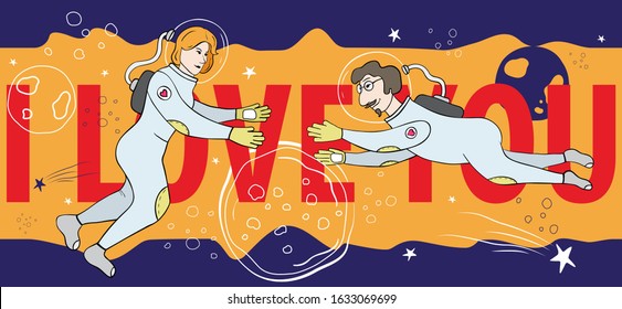 Valentine's Day Cute Poster or Holiday Card. Couple astronauts in love. Space lovers. Vector Illustration.
