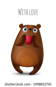 Valentines Day cute realistic bear with heart. 14 february greeting gift postcard. Colorful illustration isolated on white background. Vector