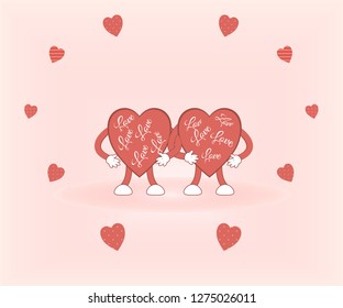 Valentine's day: cute red hearts filled with love hold hand in hand on a pink background surrounded by original hearts in polka dots, stripes and checkered.Vector illustration