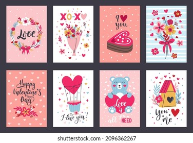 Valentines day cute romantic lovely elements greeting cards. Heart shapes, gifts and flowers romantic posters vector illustration set. Happy valentines day decorations cards with flowers and cake