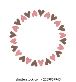Valentines Day cute round frame. Love illustration, decorative element, frame for text or photo from romantic heart shaped patches. Valentine's day round wreath pattern for romantic event or wedding. 