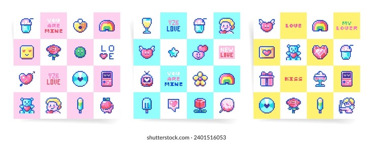 Valentine's Day Cute Seamelss Pattern Set. Pixel Art style, Retro Game Geek Elements, 2000s Y2K Mood. Cupid, hearts, Flowers, Sweets, Digital Gadgets, Game Consoles, Tamagotchi.