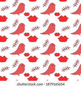 Día de San Valentín lindo patrón sin costuras con corazón, pájaro, rama, labios. Ilustración plana vectorial. Antecedentes románticos para tarjeta de vacaciones, papel de envoltura de regalo, papel tapiz