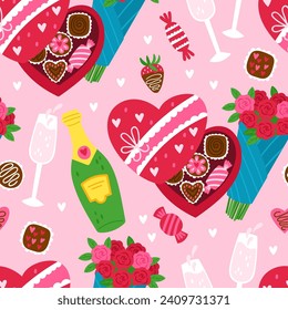 Valentine's day cute seamless pattern background with heart shape chocolate box, rose flowers and champagne bottle.. Hand drawn print for packaging, wrapping paper and wallpaper