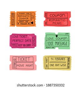 Valentine's Day cute set of a colorful love coupons. For a romantic dinner, picnic, perfect date, foot massage, movie night, one any wish. Vector isolated illustration.