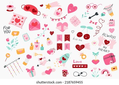 El día de San Valentín adorable en diseño de dibujos animados planos. Montaje de corazón, taza, máscara de sueño, candado, gafas, flecha cupido, regalo, dulces, cereza, calendario, flor y otros. Ilustración de vectores elementos aislados