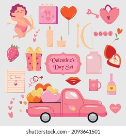 Valentine's day cute set, love day, clipart, cupid, truck with hearts, greeting cards, cartoon, banner, poster