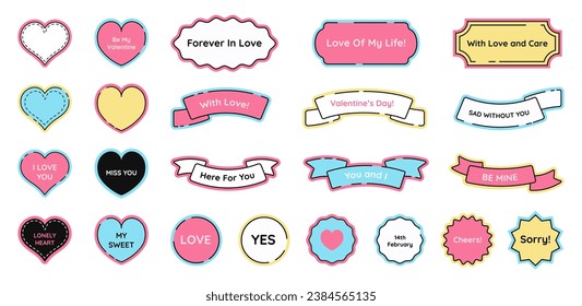 Paquete de emoticones lindo del Día de San Valentín con símbolos del corazón y diferentes insignias redondas y onduladas. Etiquetas con frases cortas y alegres. Ilustración vectorial.