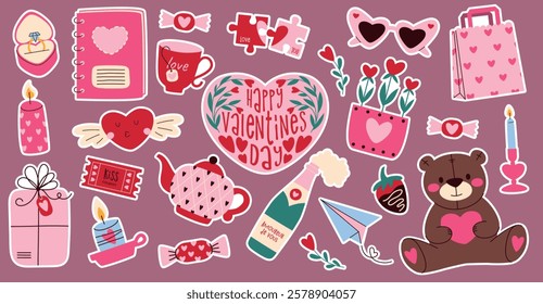 Valentine's Day cute sticker set. Gift, heart, teddy bear, candles and other festive elements. Hand drawn festive sticker pack with love elements.