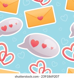 Valentines day cute stickers. Bubble speech and envelope with hearts, love holiday message card. Vector seamless cartoon pattern.
