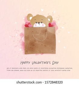 Valentines day with cute teddy bear, love concept vector illustration.
