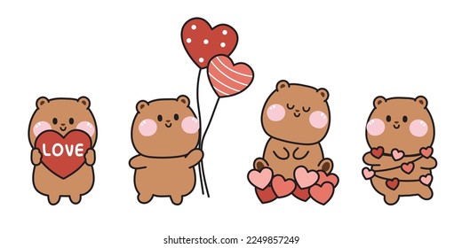 Valentines day.Set of cute teddy bear with herat balloon in various poses on white backgorund.Animal character cartoon design.Love.Kawaii.Vector.Illustration.