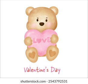 Valentine's day with cute teddy bear in watercolor style for greeting card .