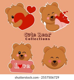 Valentine's day cute tedy bear collection, Flat valentine's day stickers collection
