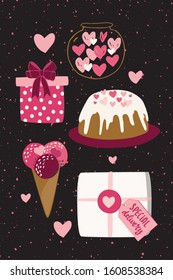 Valentine's day cute vector illustration with hand drawn scandinavian style clip art. Greeting card, poster, gift tag, shopping label, header and cover image design