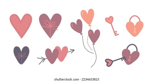 El día de San Valentín lindo conjunto de ilustraciones vectoriales. Corazones, globos, llave con cerradura y otros elementos decorativos. Iconos románticos de amor al estilo de las caricaturas planas. Colección vectorial de San Valentín.