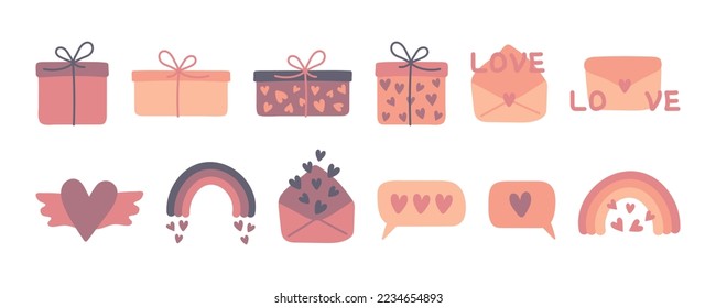 Valentine's day cute vector illustration set. Gift box, hearts, rainbow, envelope and others decorative elements. Romantic love icons in flat cartoon style. Valentines Day vector collection.