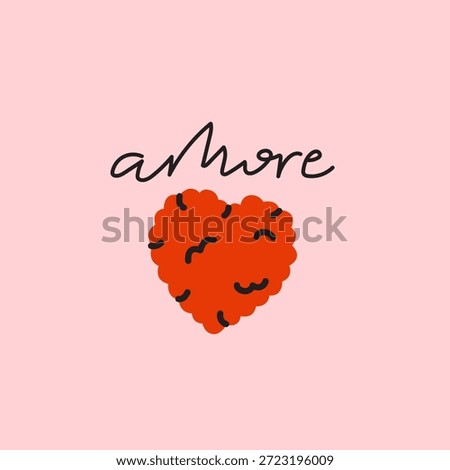 Valentines Day cute vector illustration. 14 February holiday greeting card with red heart. Modern art for wall art, poster, social media post, banner, cover. Short phrase amore for love design