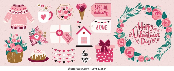 Valentine's day cute vector illustrations, floral wreath and hand drawn lettering typography set.Sweater, roses flowers, stickers, heart, jar with haerts, cake, bouquet, gift box