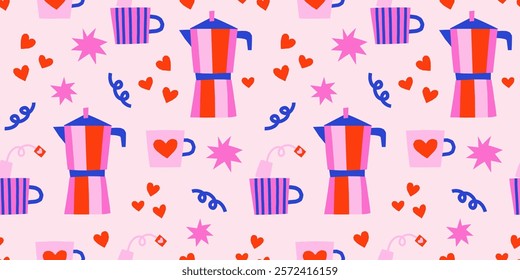 Valentine's Day cute vector seamless pattern with coffee pot, mugs, hearts and abstract shapes on pink background