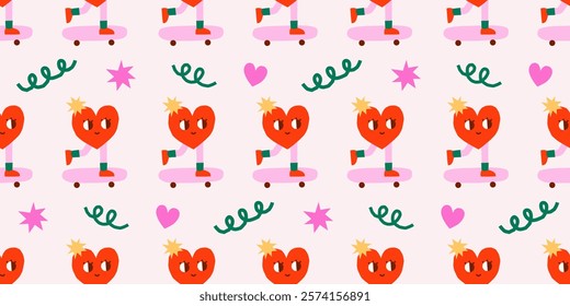 Valentine's Day cute vector seamless pattern with groovy heart characters on skateboard and abstract shapes on pink background