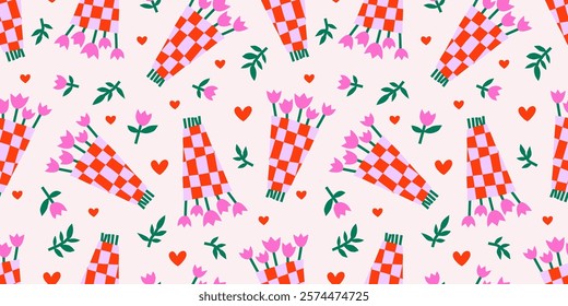 Valentine's Day cute vector seamless pattern with tulip flowers bouquets in checkered wrap on pink background