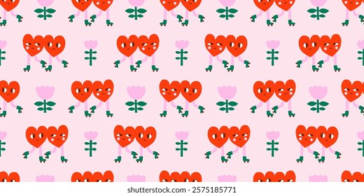 Valentine's Day cute vector seamless pattern with groovy hearts characters on rollers and simple flowers on pink background