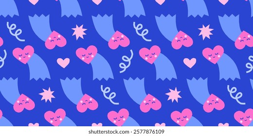 Valentine's Day cute vector seamless pattern with comet characters, stars, hearts and curls on blue background