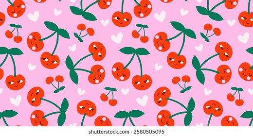 Valentine's Day cute vector seamless pattern with groovy cherry characters and hearts on pink background